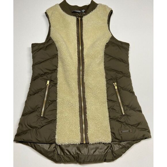 ATHLETA Tundra‎ Goose Down Vest Sherpa Women's Size Small Olive Green Cream - Picture 1 of 13